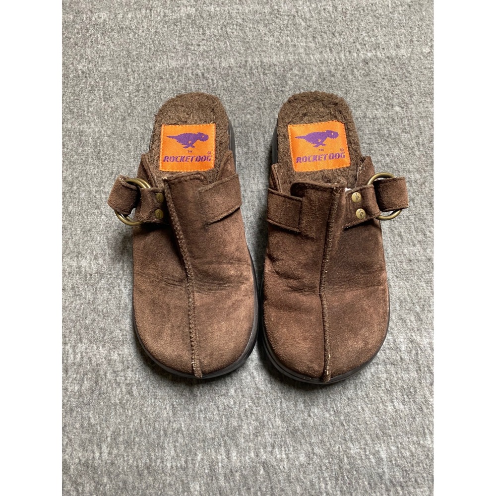 Rocket Dog Brown Suede Faux Fur Lined Platform Clogs Buckle Mules Y2K Size 7.5